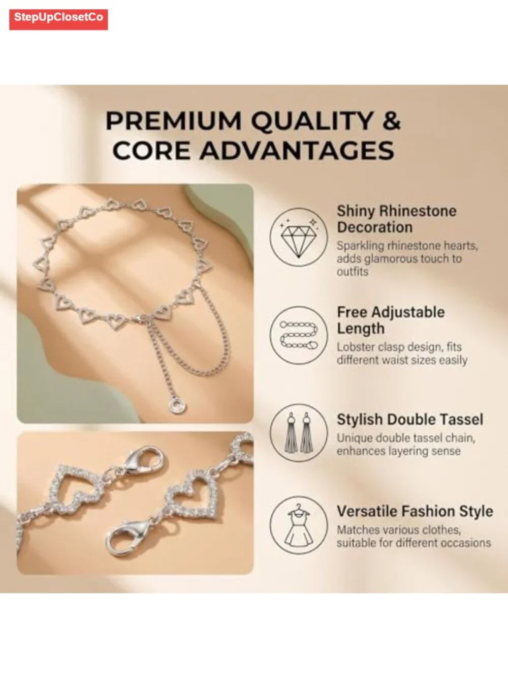 Heart Rhinestone Waist Chain Belt for Women - Adjustable Bling Y2K Belt